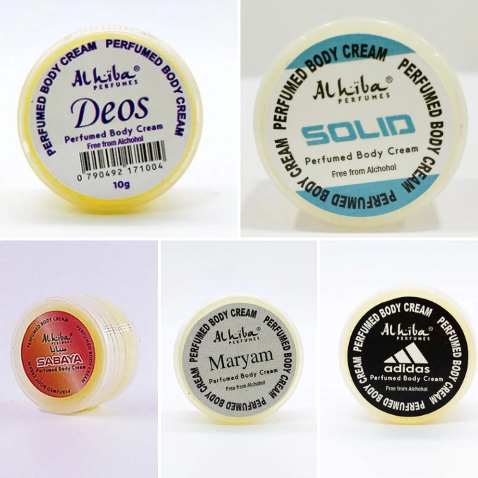 5 Pcs x 10g Al Hiba Perfumed Body Creams - Alcohol Free (Sabaya, Maryam, Solid, Adidas, Deos)