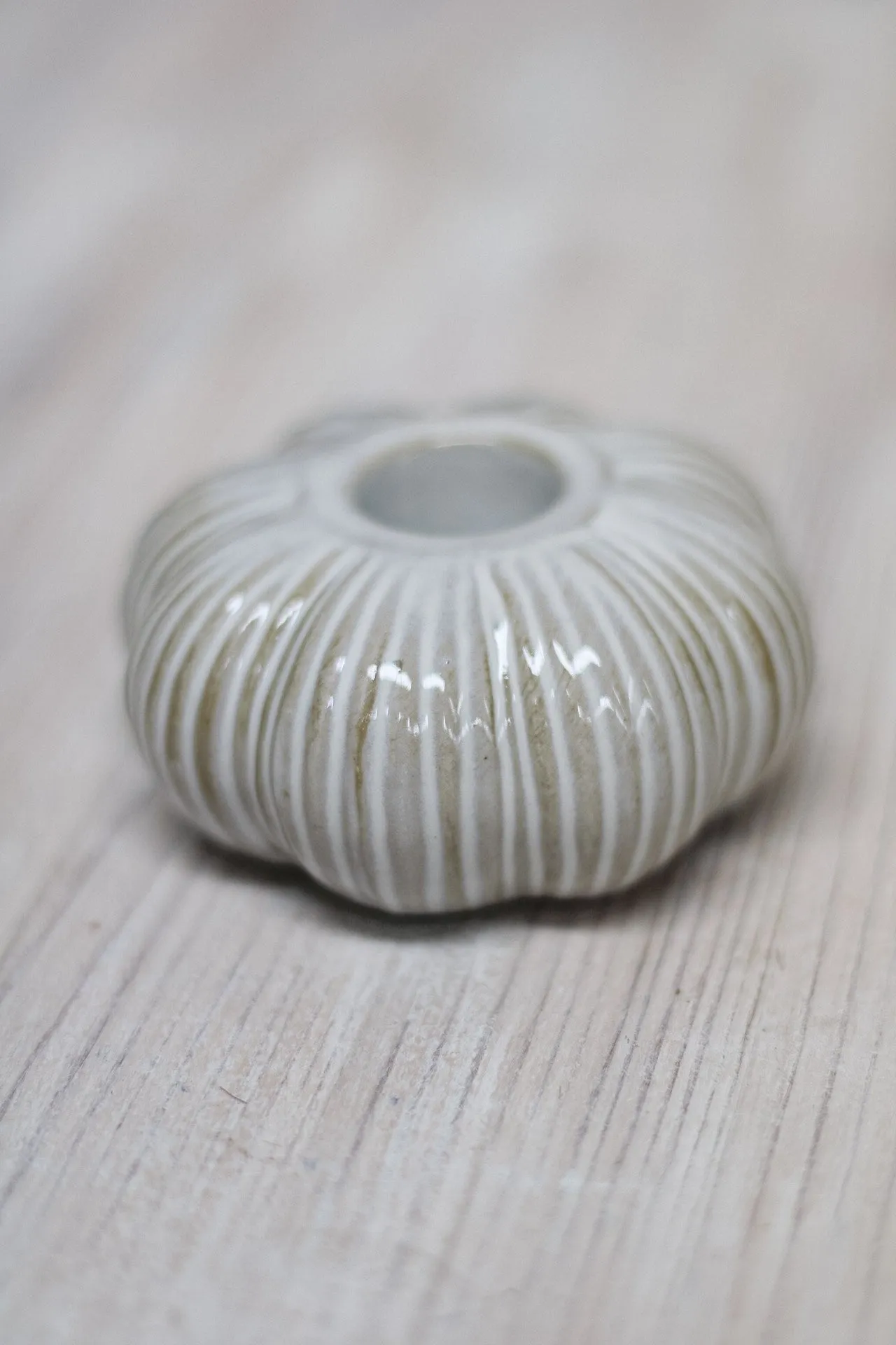 Cream Ribbed Ceramic Pumpkin Dinner Candle Holder