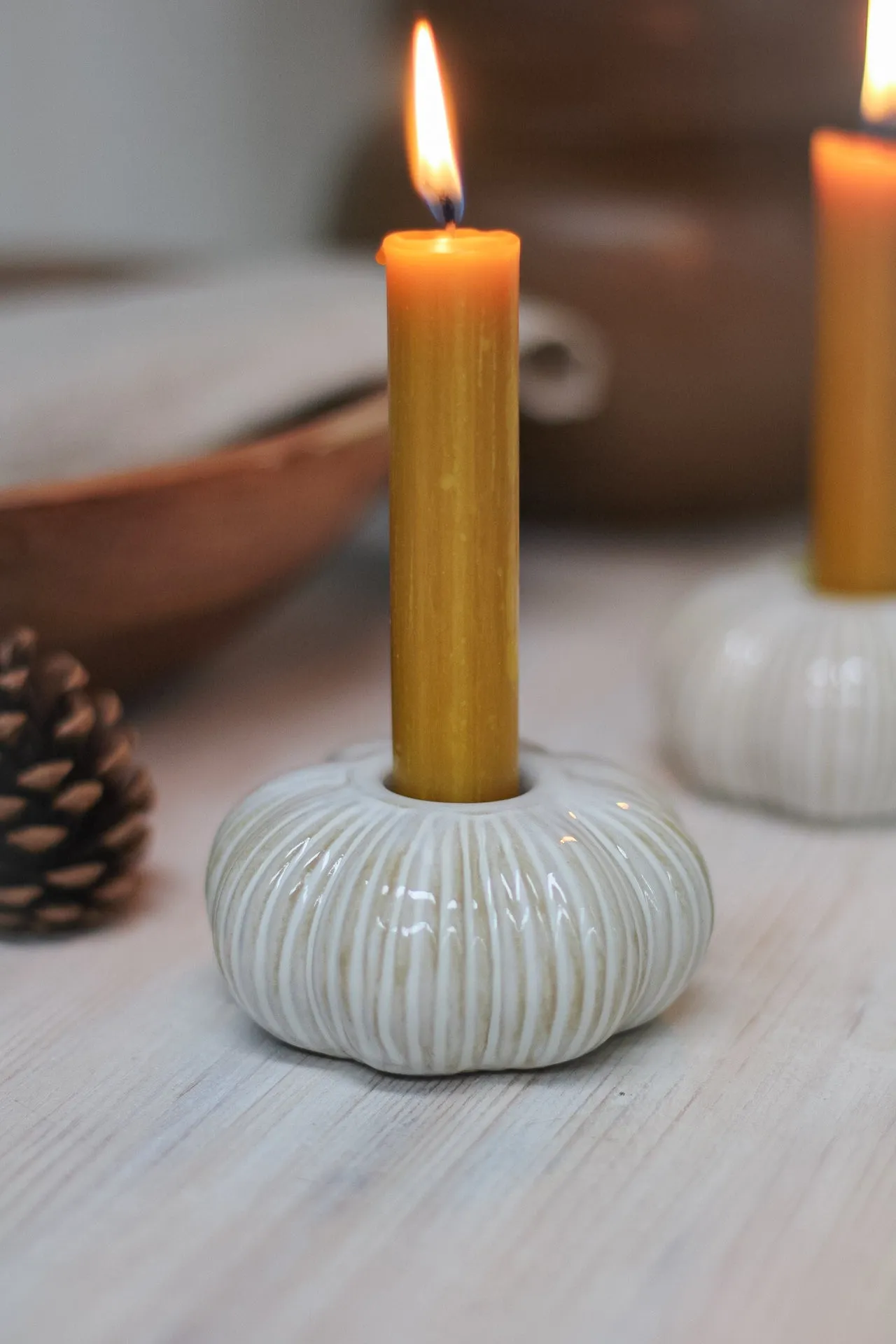 Cream Ribbed Ceramic Pumpkin Dinner Candle Holder