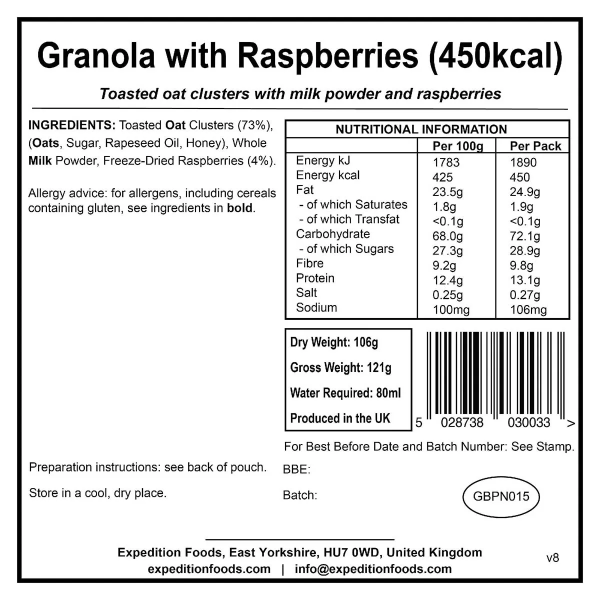 Expedition Foods Freeze-Dried Meal Granola with Raspberries 450kcal