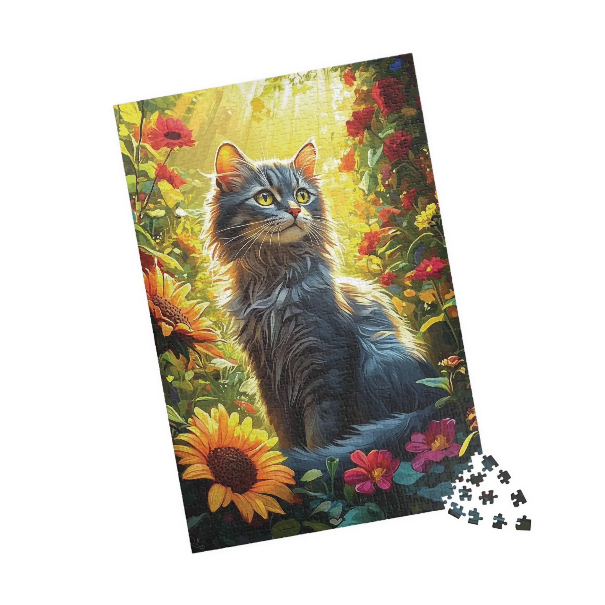 Jigsaw Puzzle - Serene Cat in Colorful Garden, 252/520/1014 Pieces, Sunflowers, Tranquil Nature Scene, Detailed Vibrant Design