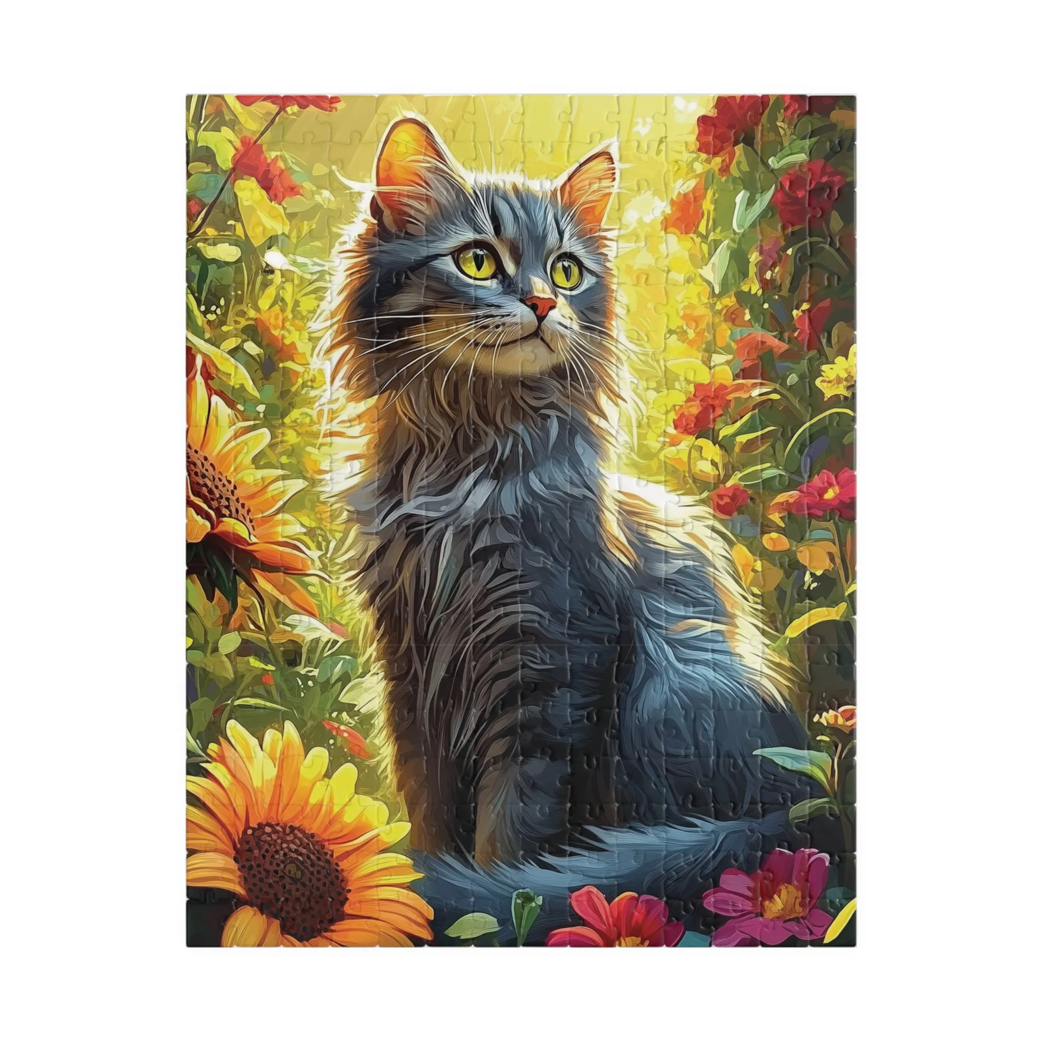 Jigsaw Puzzle - Serene Cat in Colorful Garden, 252/520/1014 Pieces, Sunflowers, Tranquil Nature Scene, Detailed Vibrant Design