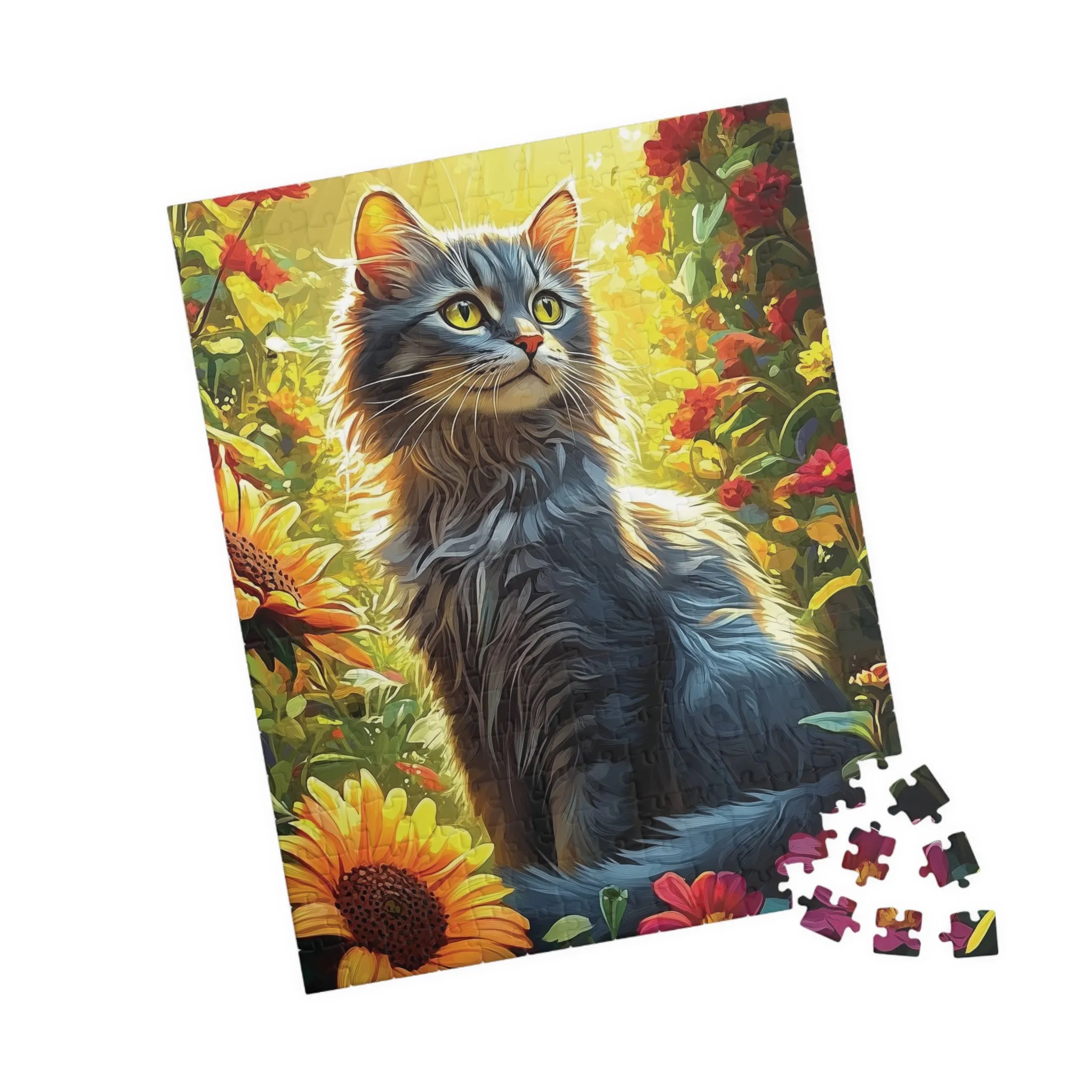 Jigsaw Puzzle - Serene Cat in Colorful Garden, 252/520/1014 Pieces, Sunflowers, Tranquil Nature Scene, Detailed Vibrant Design