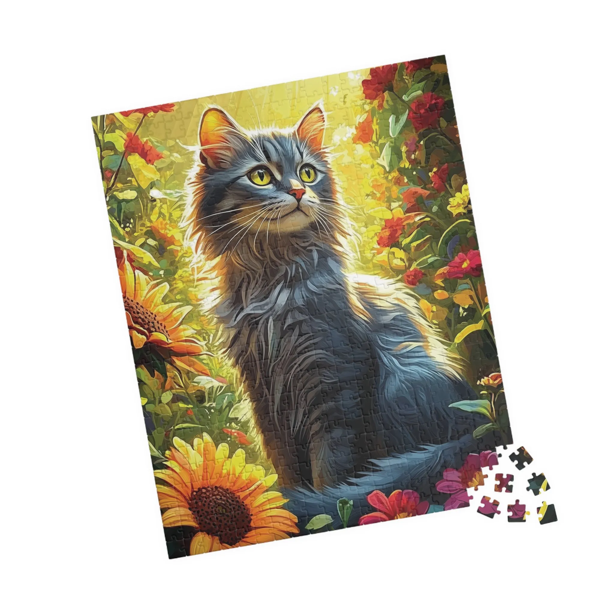 Jigsaw Puzzle - Serene Cat in Colorful Garden, 252/520/1014 Pieces, Sunflowers, Tranquil Nature Scene, Detailed Vibrant Design