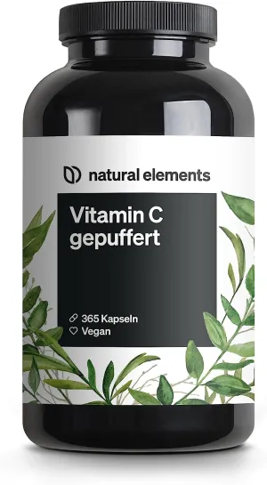 Natural Elements Buffered Vitamin C 500mg: Gentle, Vegan, 365 Capsules - Made in Germany