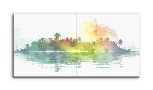 Serene Tropical Sunrise: Watercolor Island Landscape