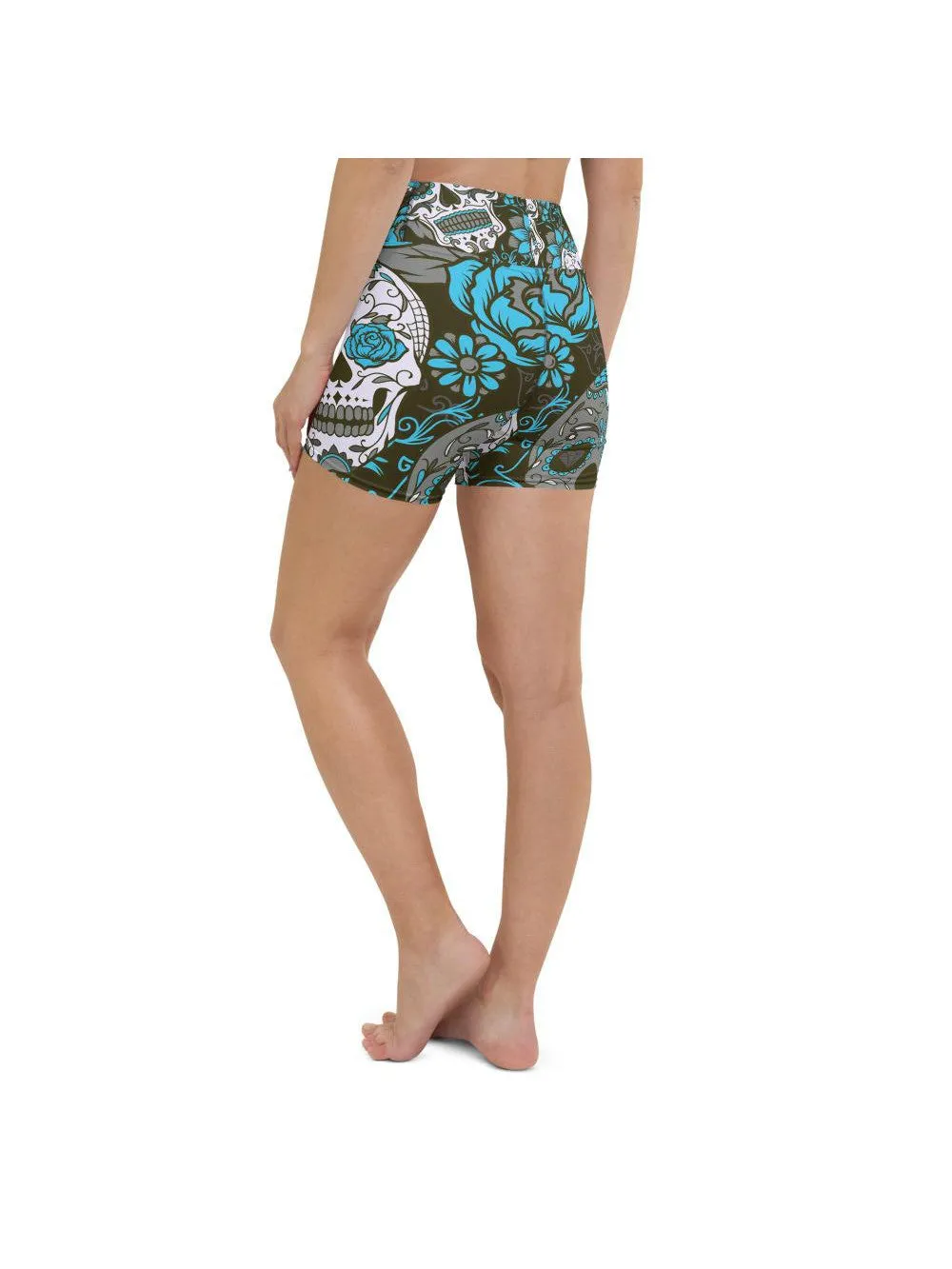 Sky Blue Sugar Skull Yoga Shorts