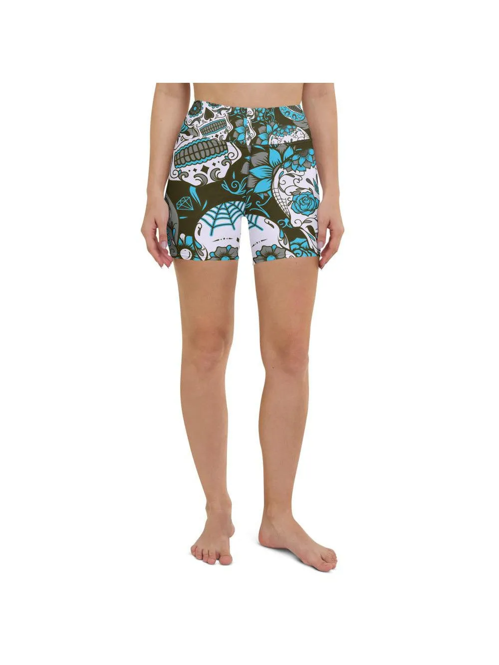 Sky Blue Sugar Skull Yoga Shorts